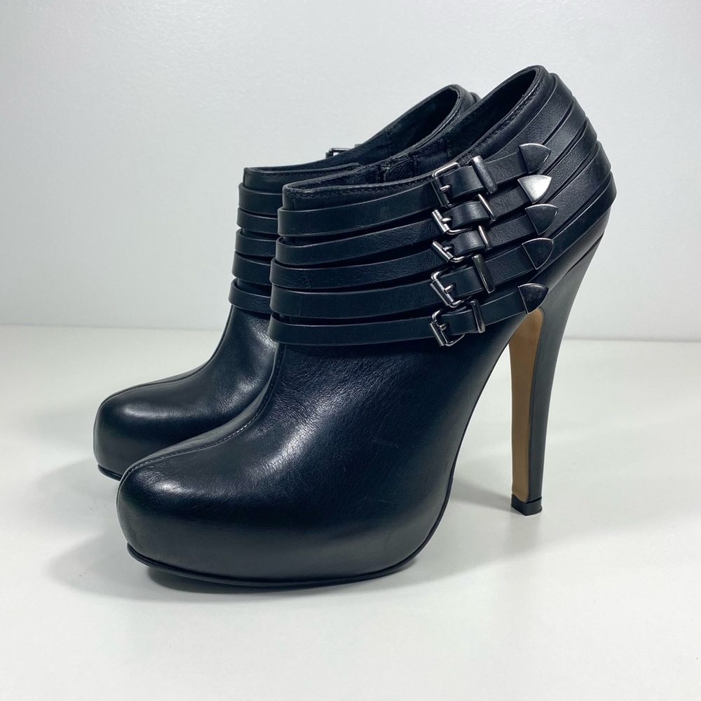 Aldo Black Leather 5-Buckle Harness Strappy Stiletto Zip Ankle Boots Booties 7.5